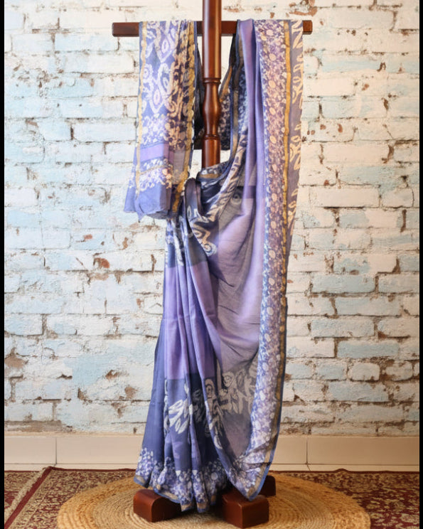 Light Purple Pure Chanderi Silk Saree with Elegant White Prints and Zari Border –  100% Handloom silk| Blouse Piece Included