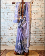 Light Purple Pure Chanderi Silk Saree with Elegant White Prints and Zari Border –  100% Handloom silk| Blouse Piece Included