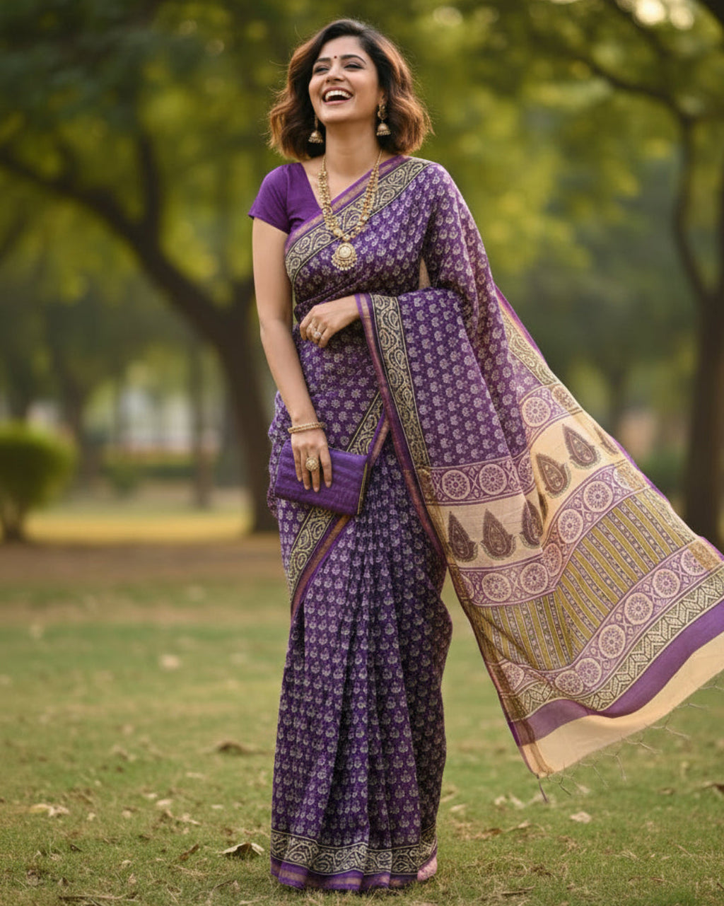 Chanderi Handloom Cotton Silk Saree with blouse – 20% Cotton 80% Silk. Lightweight Chanderi and comfortable, easy to drape . Comfortable all day .