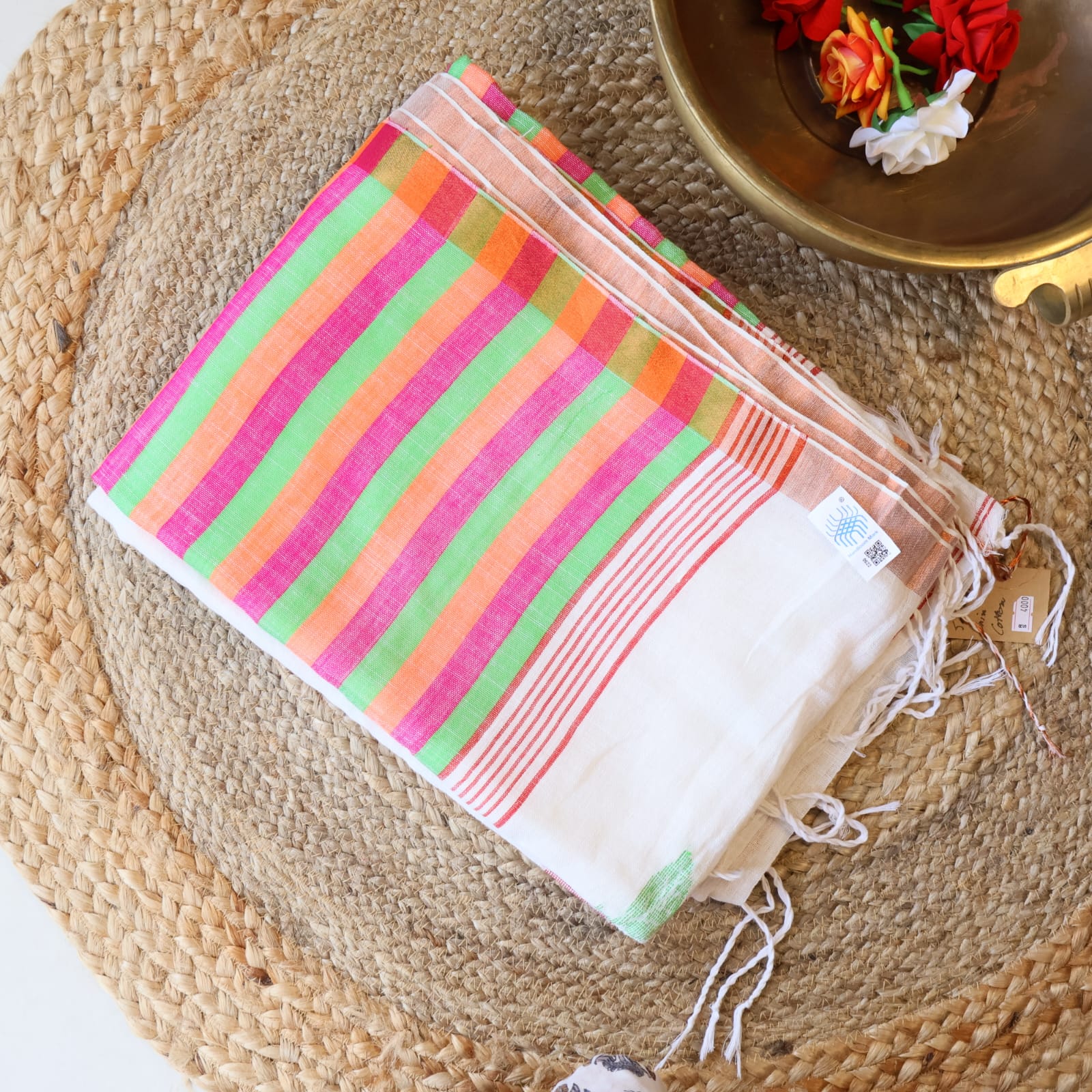 Pure Linen Jamdani Saree handwoven with blouse –  Light weight easy to drape. Comfortable all day .