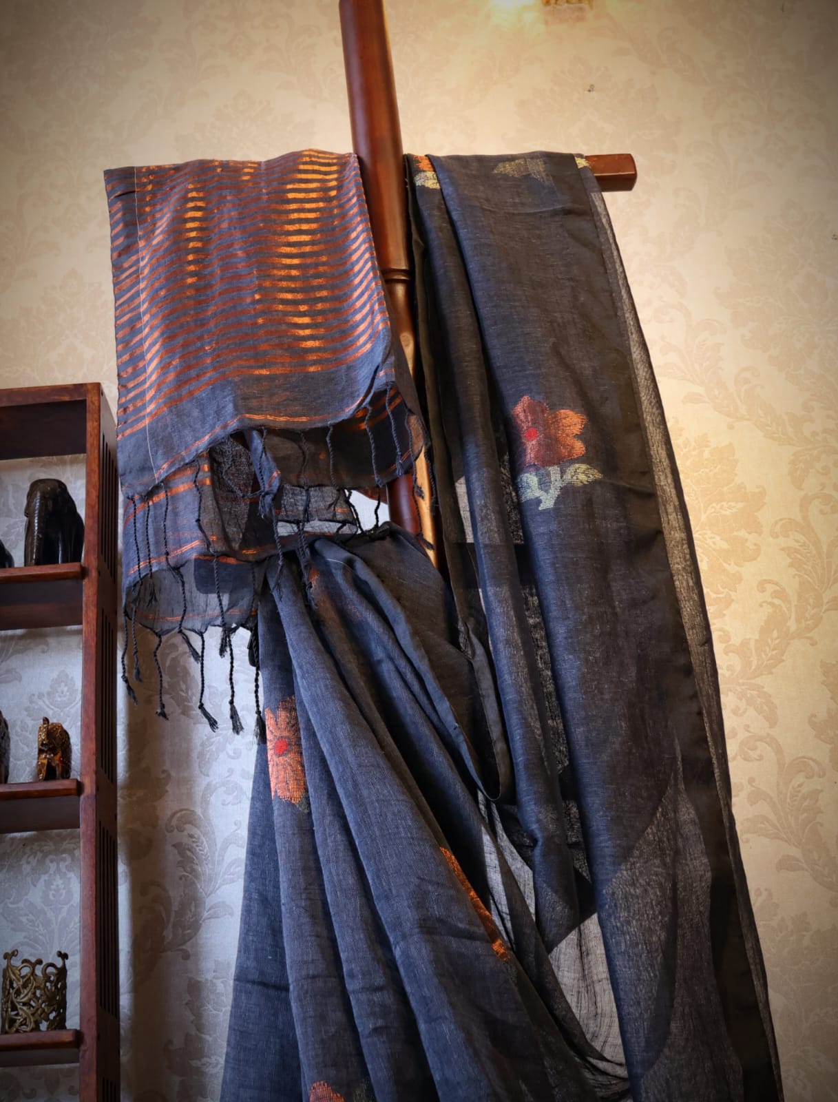 Pure Linen Jamdani Saree handwoven with blouse –  Light weight easy to drape. Comfortable all day .