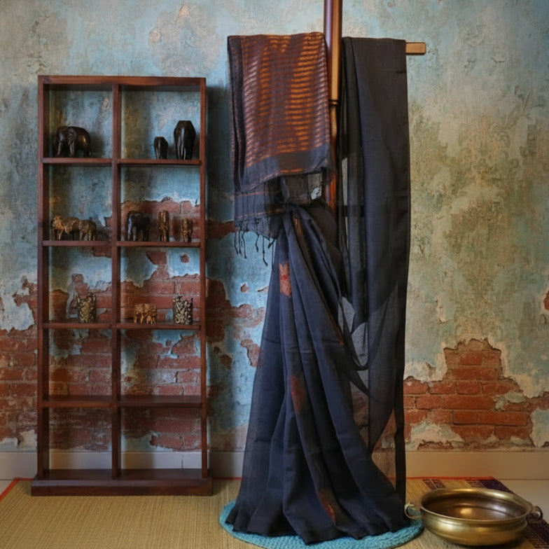 Pure Linen Jamdani Saree handwoven with blouse –  Light weight easy to drape. Comfortable all day .