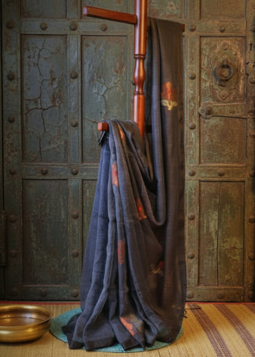 Pure Linen Jamdani Saree handwoven with blouse –  Light weight easy to drape. Comfortable all day .