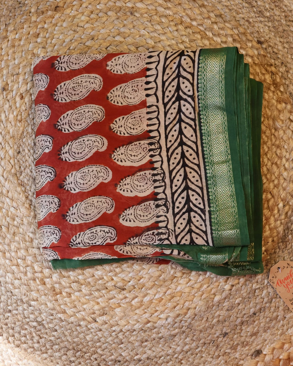 Cream Base & Red Design Saree with matching blouse - 100% Pure Maheshwari Handloom Silk