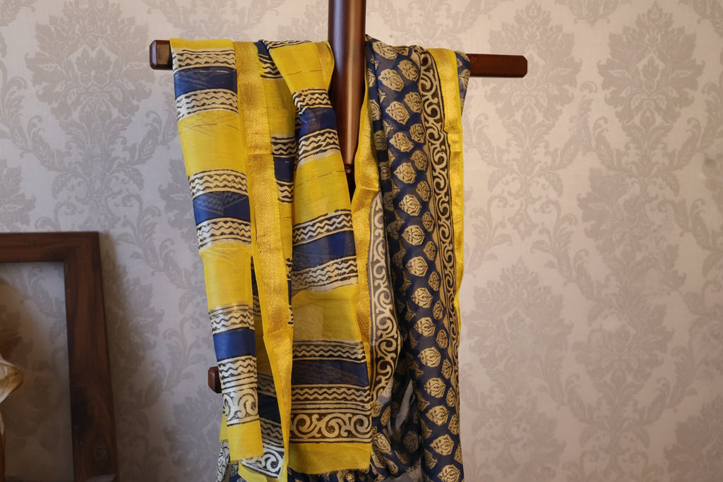Beautiful Sky Blue Maheshwari Handloom Saree with White design and yellow  Silk Zari – 80% Silk, 20% Cotton (Cotton Silk) – Comes with Matching Blouse Piece