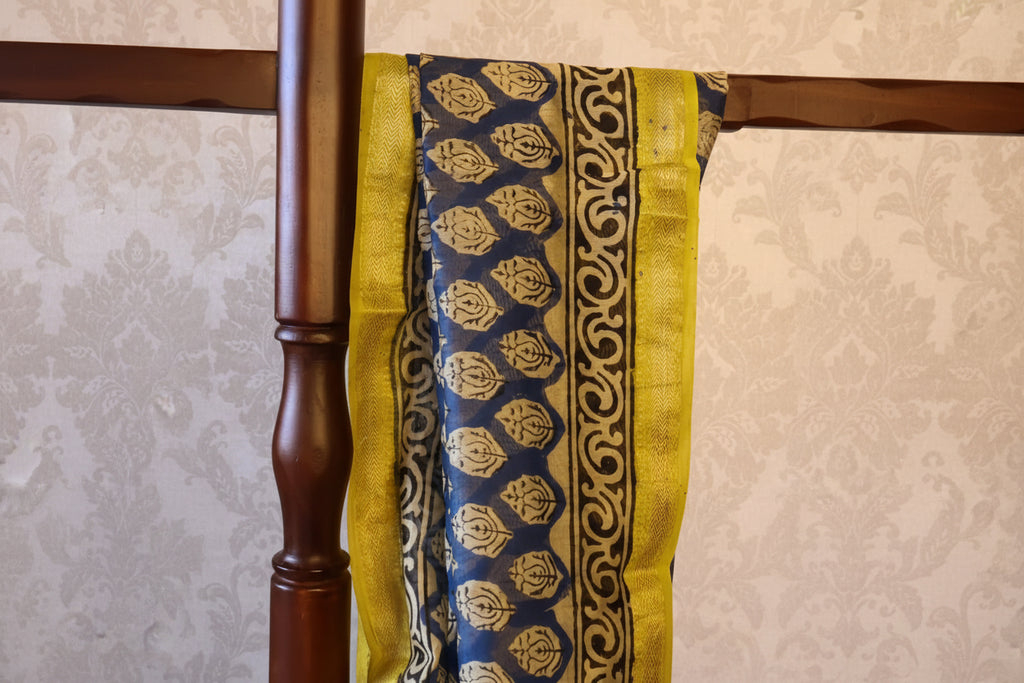 Beautiful Sky Blue Maheshwari Handloom Saree with White design and yellow  Silk Zari – 80% Silk, 20% Cotton (Cotton Silk) – Comes with Matching Blouse Piece