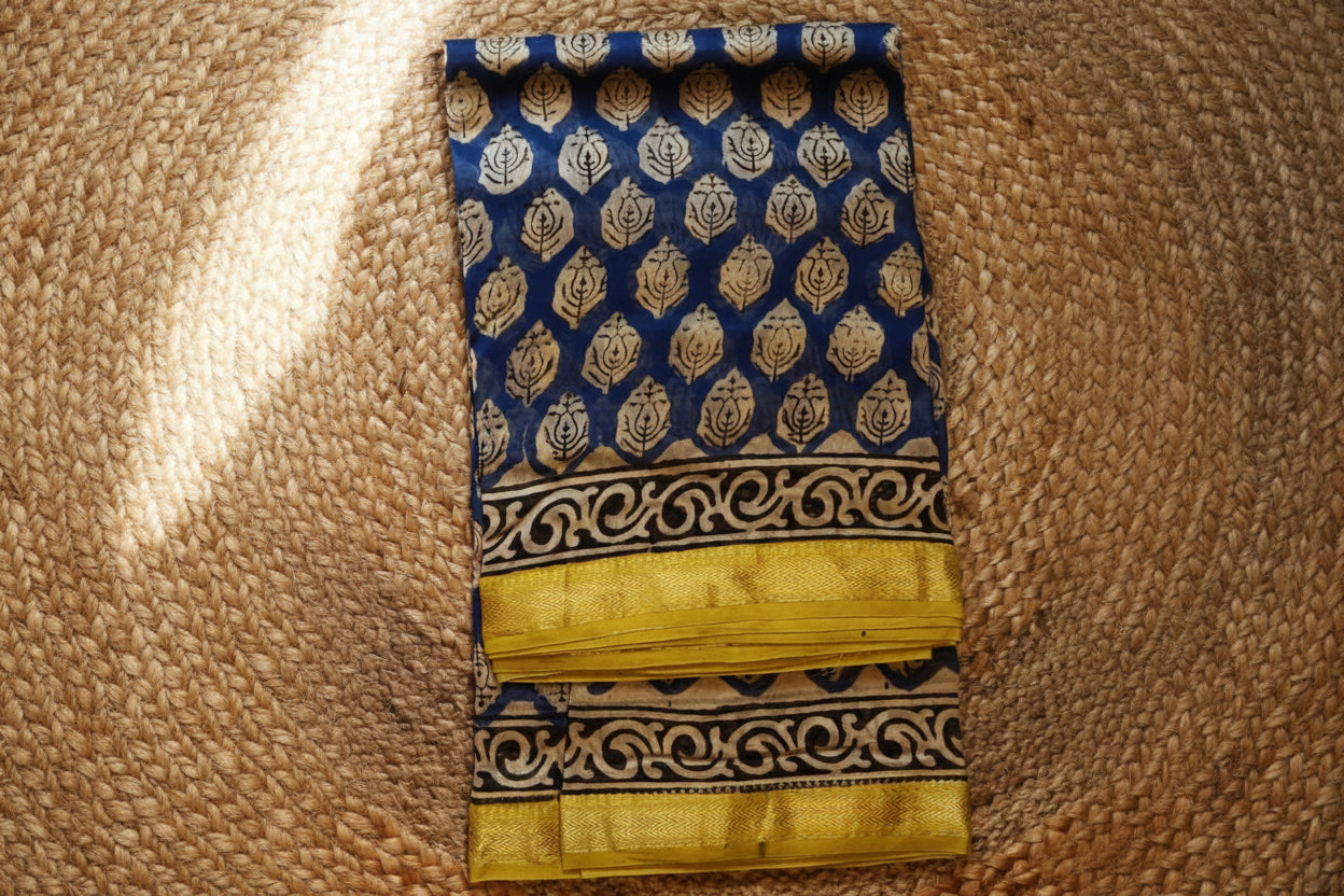 Beautiful Sky Blue Maheshwari Handloom Saree with White design and yellow  Silk Zari – 80% Silk, 20% Cotton (Cotton Silk) – Comes with Matching Blouse Piece