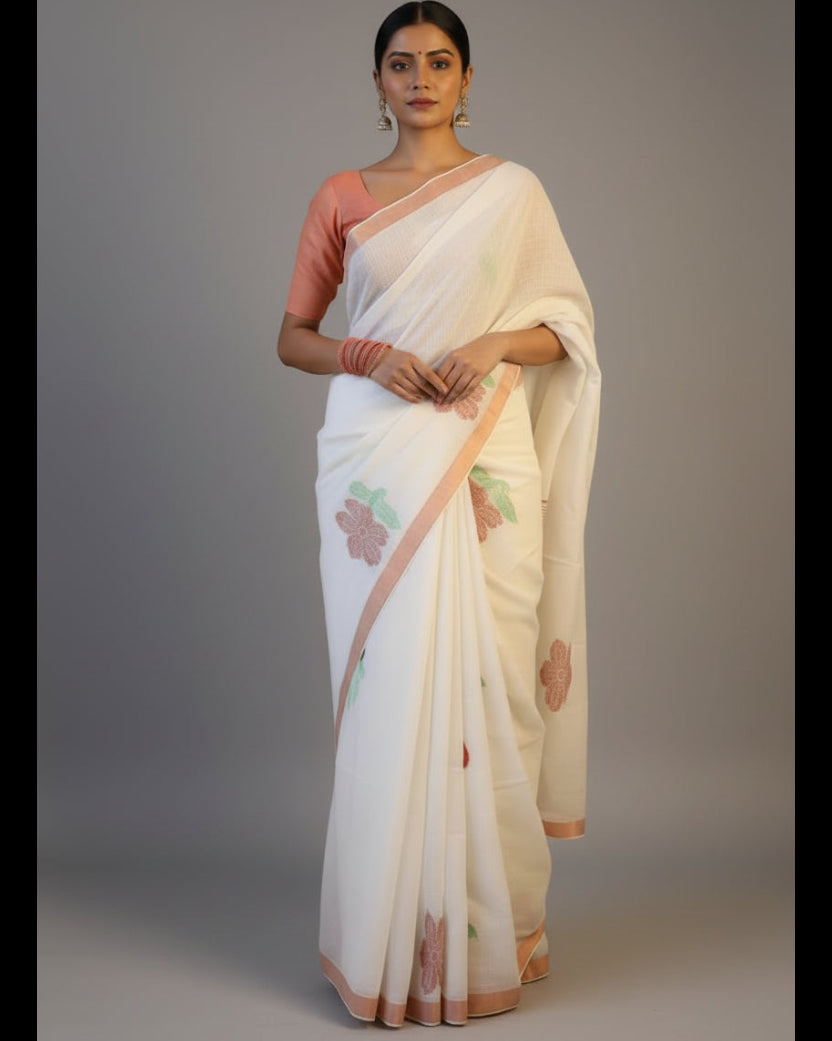 Pure Linen Jamdani Saree handwoven with blouse –  Light weight easy to drape. Comfortable all day .