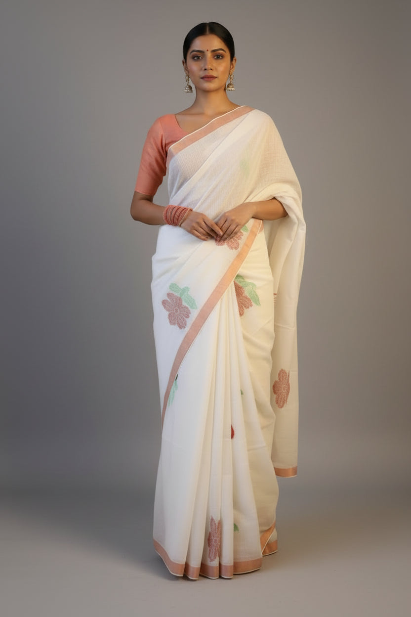 Pure Linen Jamdani Saree handwoven with blouse –  Light weight easy to drape. Comfortable all day .