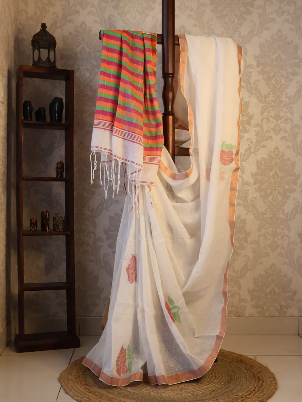 Pure Linen Jamdani Saree handwoven with blouse –  Light weight easy to drape. Comfortable all day .