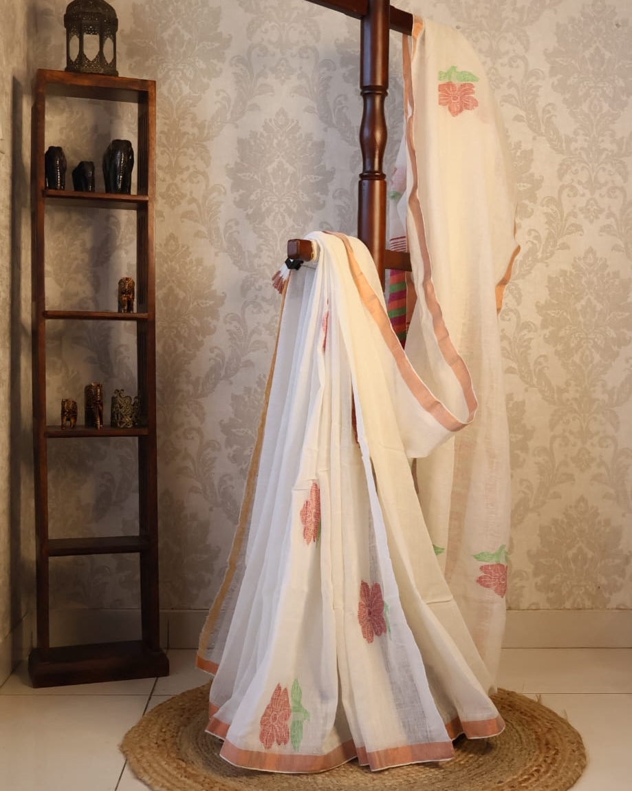 Pure Linen Jamdani Saree handwoven with blouse –  Light weight easy to drape. Comfortable all day .