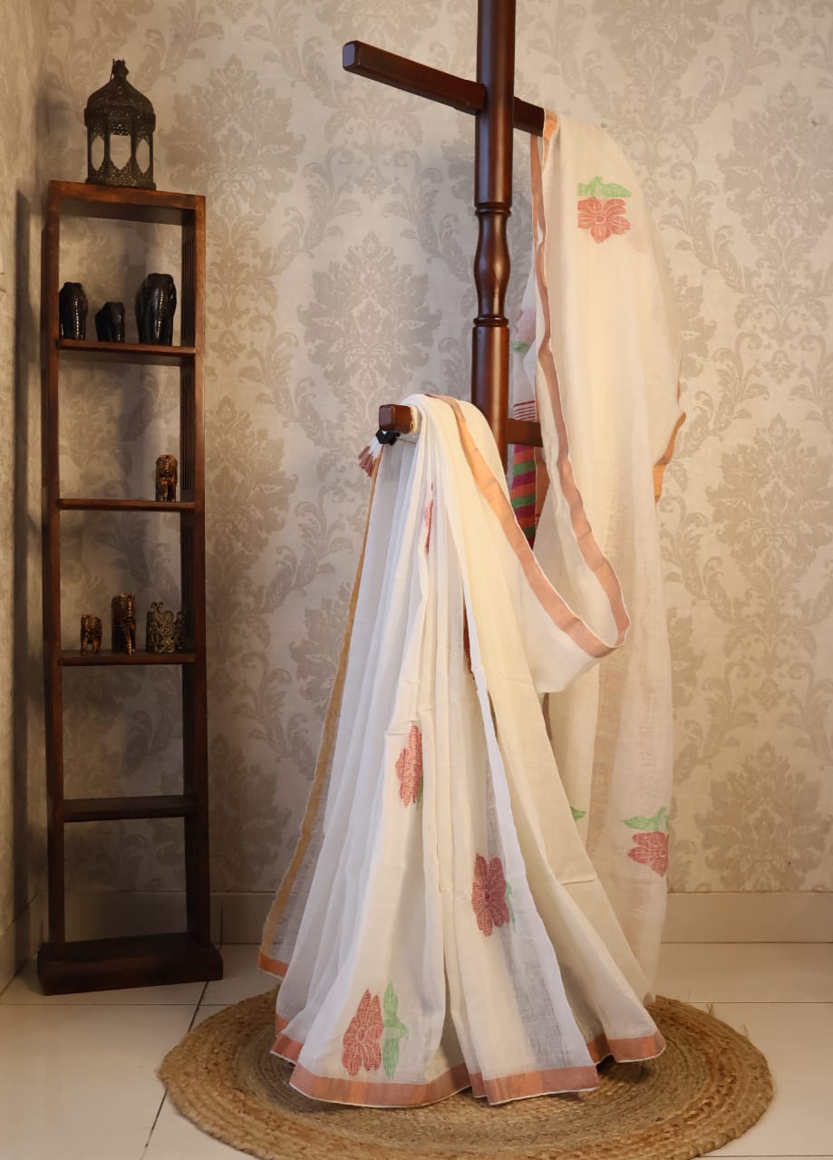 Pure Linen Jamdani Saree handwoven with blouse –  Light weight easy to drape. Comfortable all day .