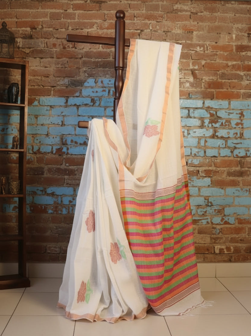 Pure Linen Jamdani Saree handwoven with blouse –  Light weight easy to drape. Comfortable all day .