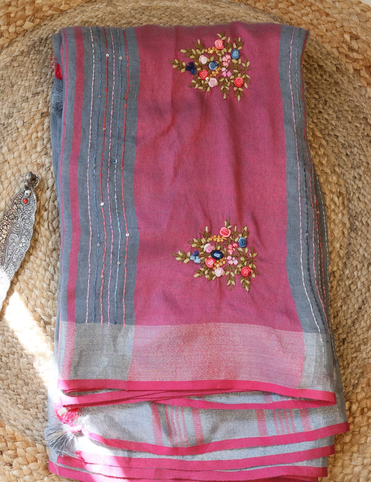 Pure Linen  Saree with blouse – Elegant, Professional & Handwoven. Light weight easy to drape. Comfortable all day .