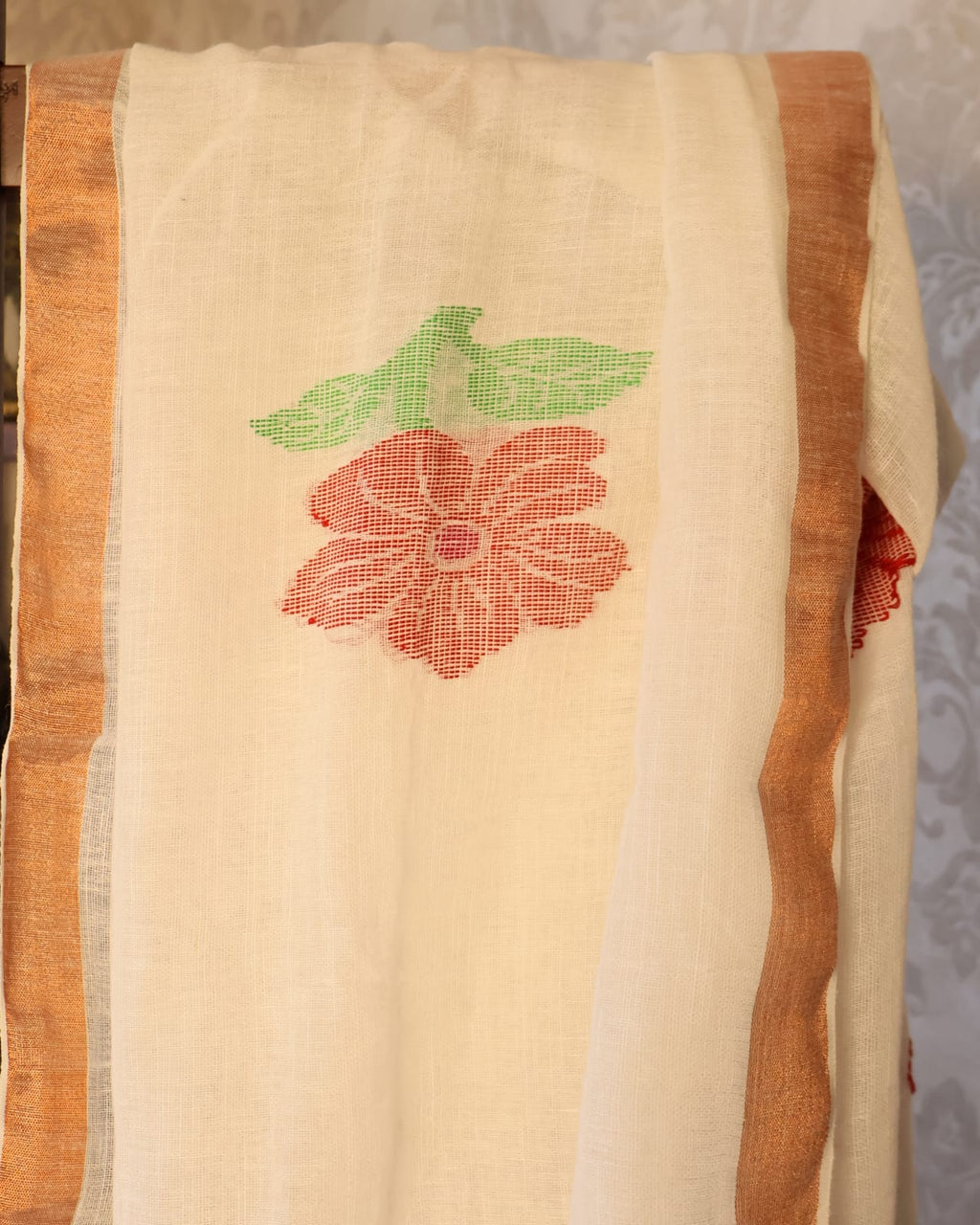 Pure Linen Jamdani Saree handwoven with blouse –  Light weight easy to drape. Comfortable all day .