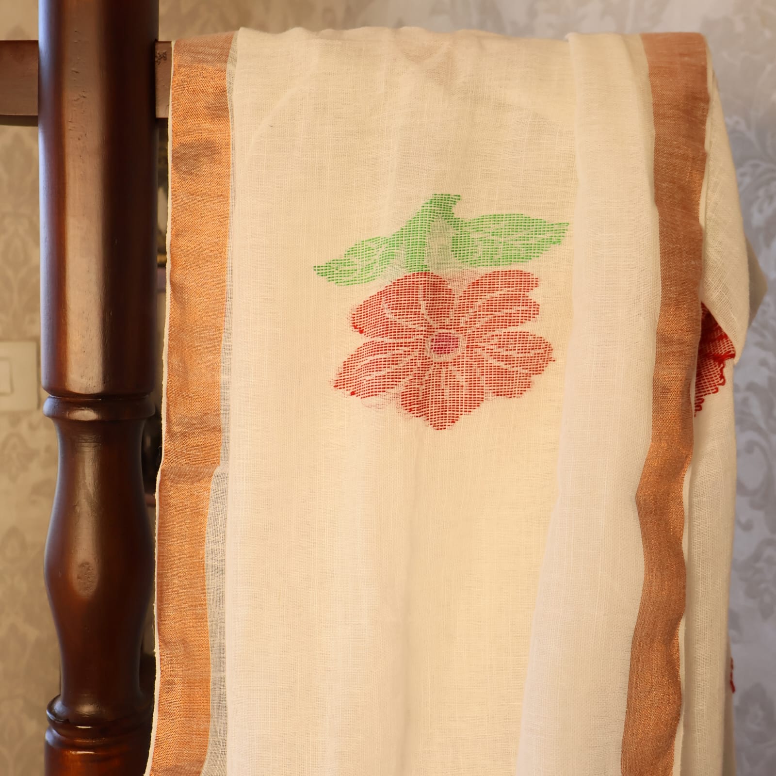 Pure Linen Jamdani Saree handwoven with blouse –  Light weight easy to drape. Comfortable all day .