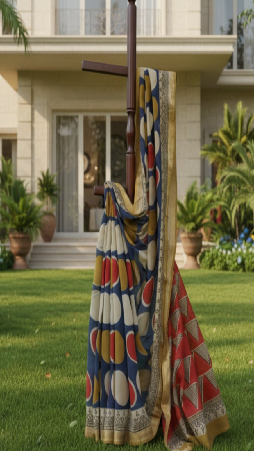 Colorful patterned fabric draped over a wooden cross in a garden setting with a house in the background.