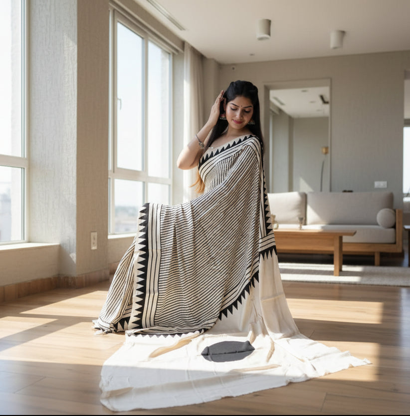 Pure  Modal Silk Saree with blouse. Lightweight, easy to drape . Comfortable all day