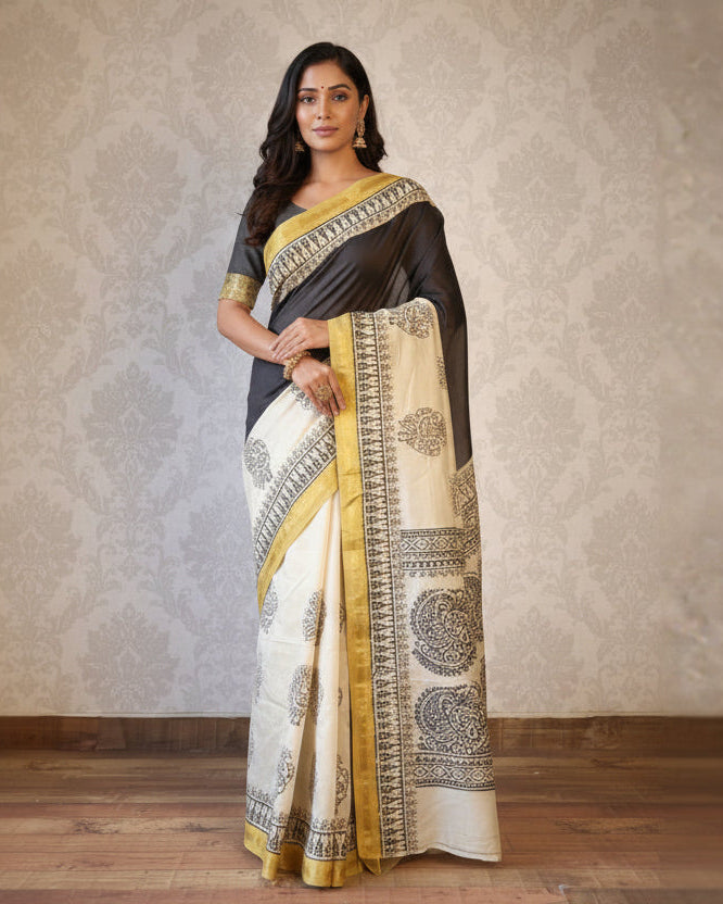 Off White with Charcoal boarder Saree with blouse - 100% Pure Maheshwari Handloom Silk