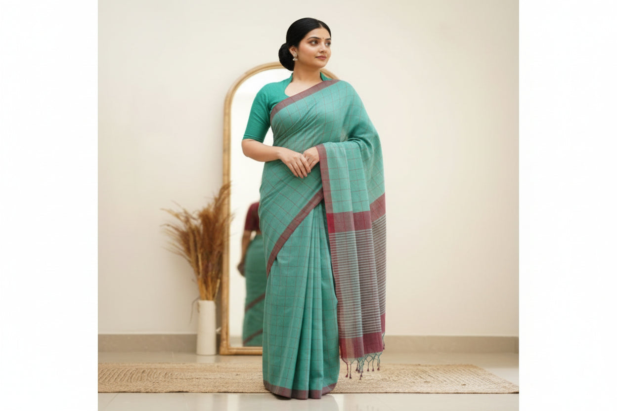 Pure Khadi cotton Saree with blouse – Elegant, Professional & Handwoven, Light weight easy to drape. Comfortable all day .