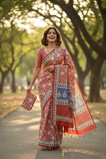 Mulmul pure cotton Sarees block print with blouse. Lightweight, easy to drape . Comfortable all day .