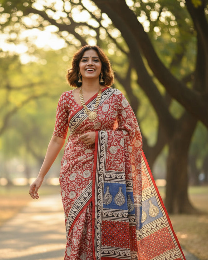 Mulmul pure cotton Sarees block print with blouse. Lightweight, easy to drape . Comfortable all day .