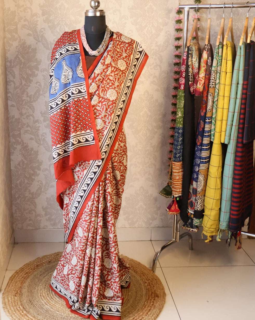 Mulmul pure cotton Sarees block print with blouse. Lightweight, easy to drape . Comfortable all day .