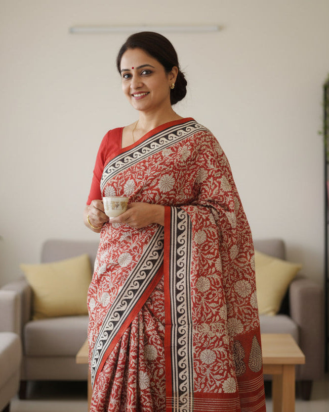 Mulmul pure cotton Sarees block print with blouse. Lightweight, easy to drape . Comfortable all day .