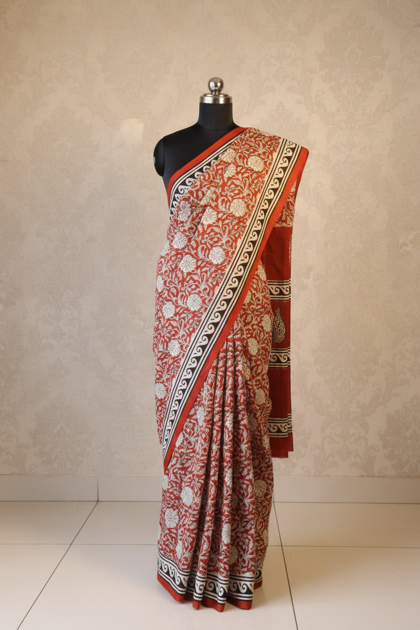 Mulmul pure cotton Sarees block print with blouse. Lightweight, easy to drape . Comfortable all day .