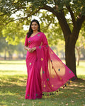 Khadi Cotton Handwoven Saree with Machine Embroidery with blouse. Light weight easy to drape. Comfortable all day.