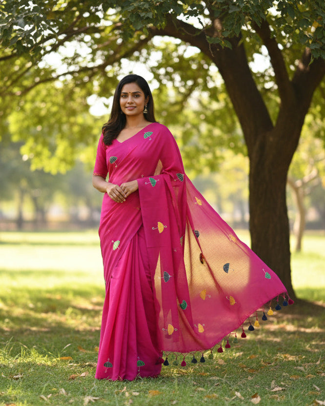 Khadi Cotton Handwoven Saree with Machine Embroidery with blouse. Light weight easy to drape. Comfortable all day.