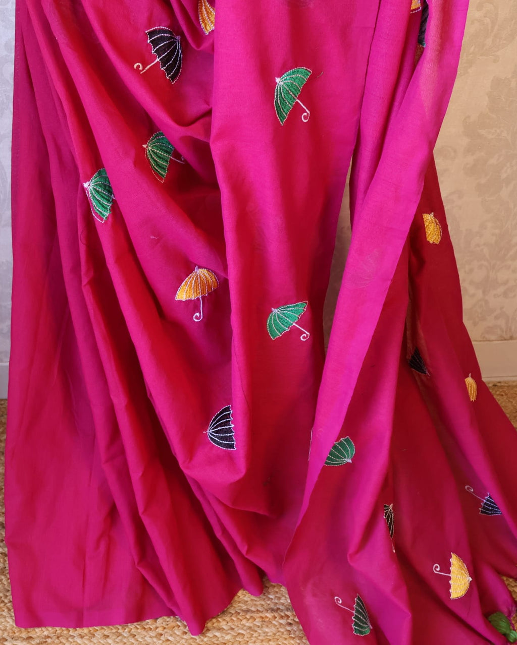 Khadi Cotton Handwoven Saree with Machine Embroidery with blouse. Light weight easy to drape. Comfortable all day.