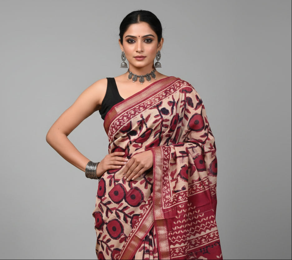 Maheshwari Handloom White Saree with Black Stripes and Silk Zari – 80% Silk, 20% Cotton (Cotton Silk) – Comes with Matching Blouse Piece