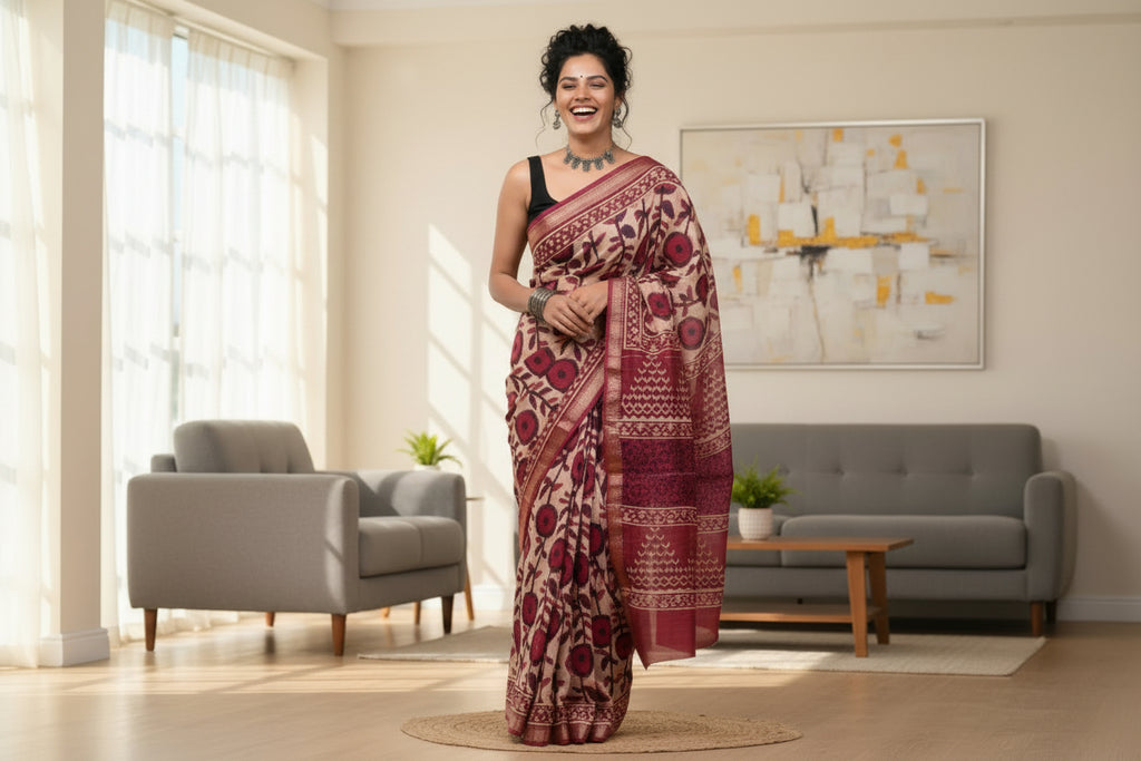 Maheshwari Handloom White Saree with Black Stripes and Silk Zari – 80% Silk, 20% Cotton (Cotton Silk) – Comes with Matching Blouse Piece