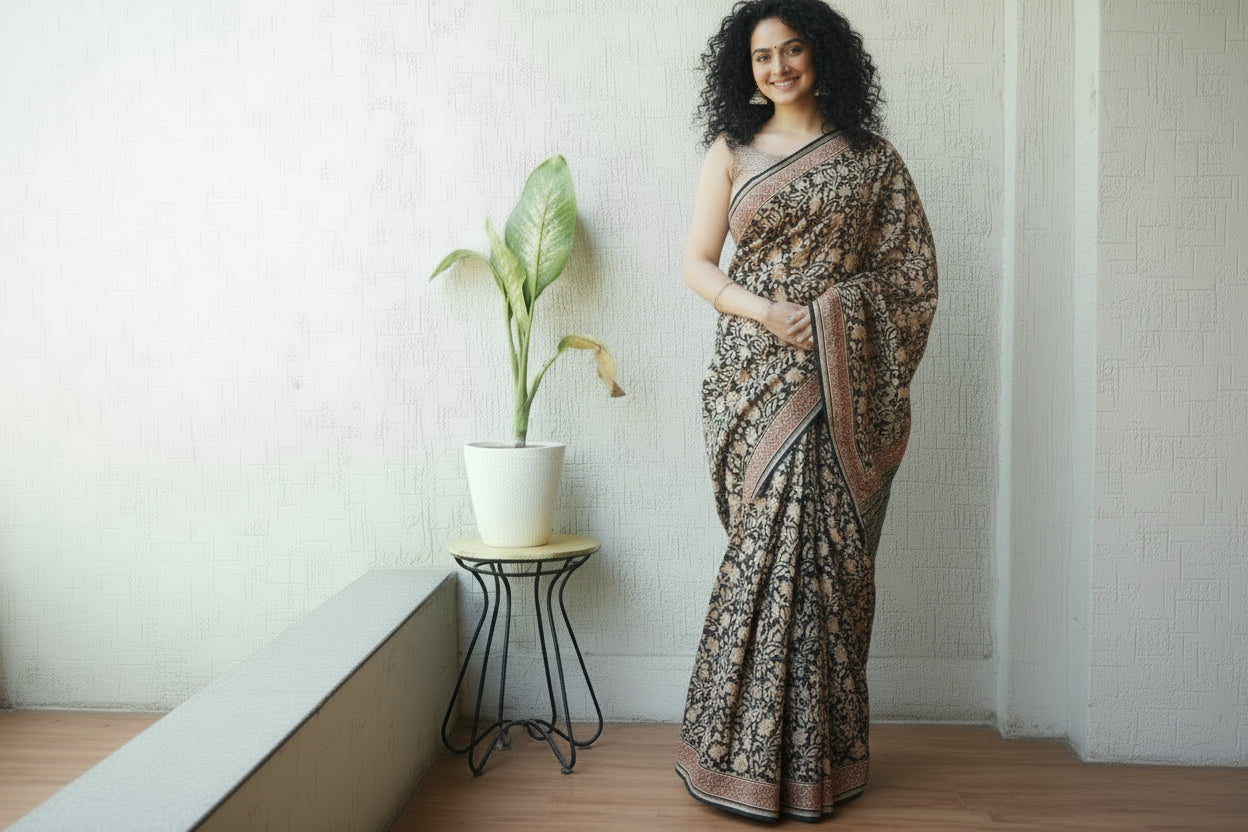 Pure Chanderi Silk Saree with Elegant blue  Prints and Zari Border – 100% Handloom Blouse Piece Included