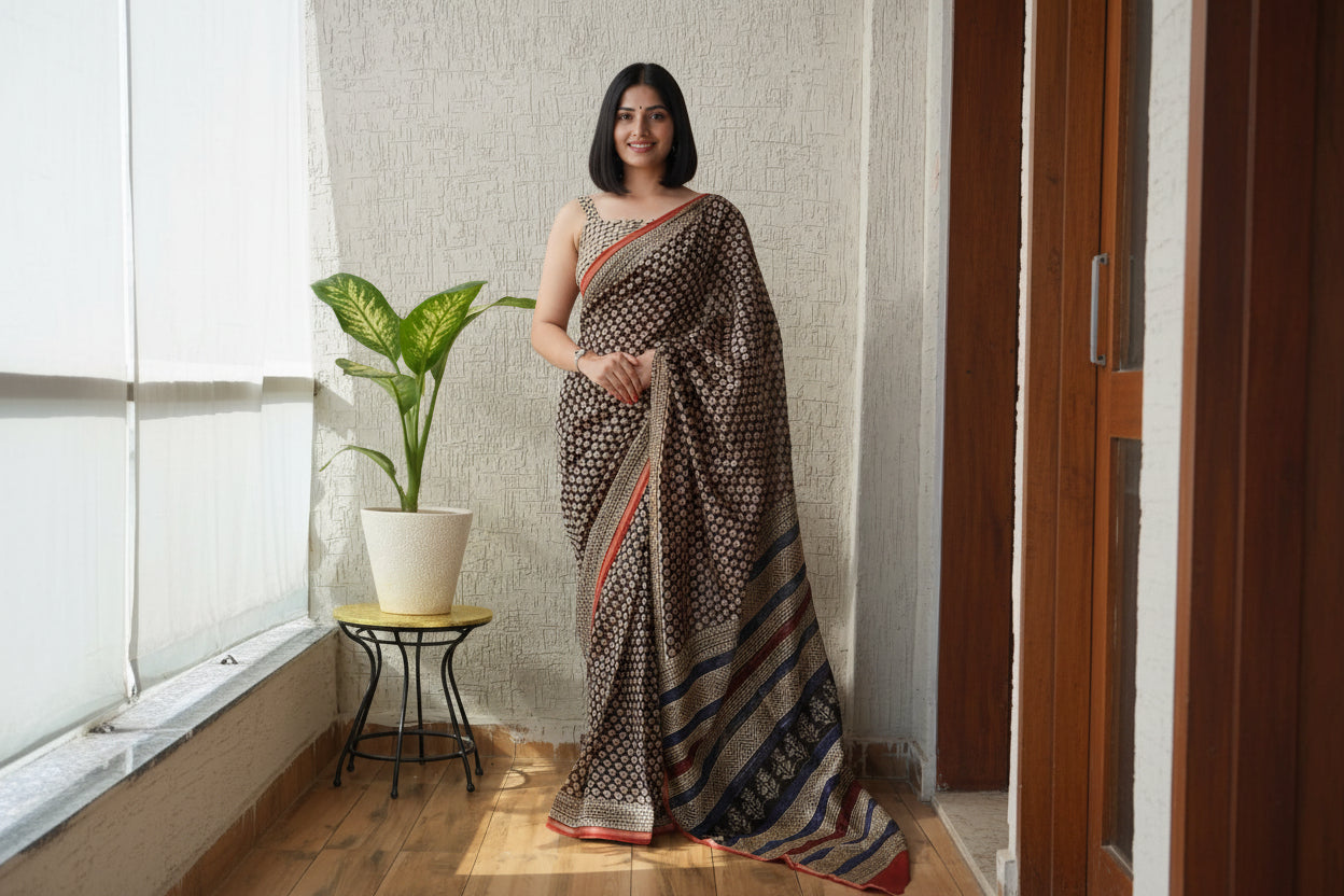 Pure Chanderi Silk Saree with Elegant blue  Prints and Zari Border – 100% Handloom Blouse Piece Included