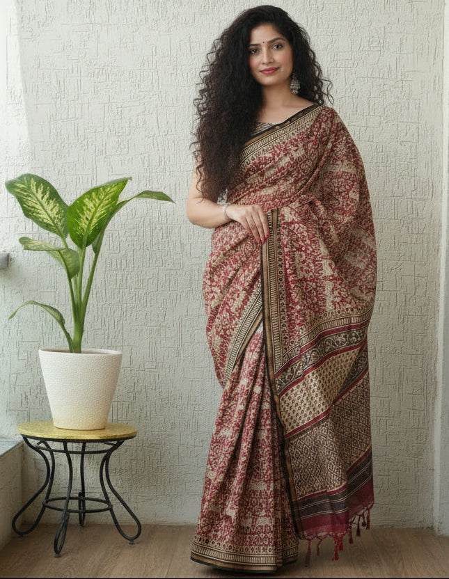 Pure Chanderi Silk Saree with Elegant blue  Prints and Zari Border – 100% Handloom