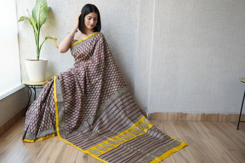 Pure Chanderi Silk Saree with Elegant blue  Prints and Zari Border – 100% Handloom .