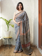 Pure Chanderi Silk Saree with Elegant blue  Prints and Zari Border – 100% Handloom.