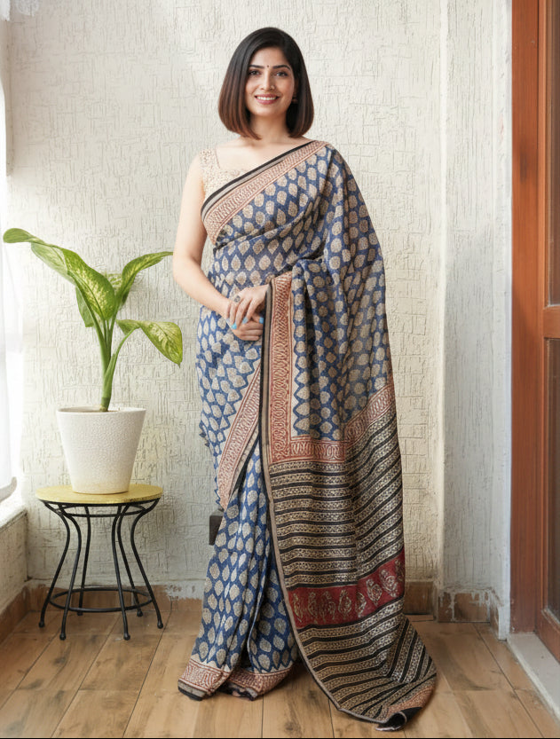 Pure Chanderi Silk Saree with Elegant blue  Prints and Zari Border – 100% Handloom.