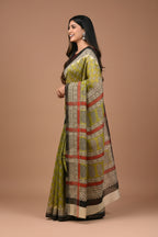 Pure Chanderi Silk Saree with Elegant blue &nbsp;Prints and Zari Border – 100% Handloom