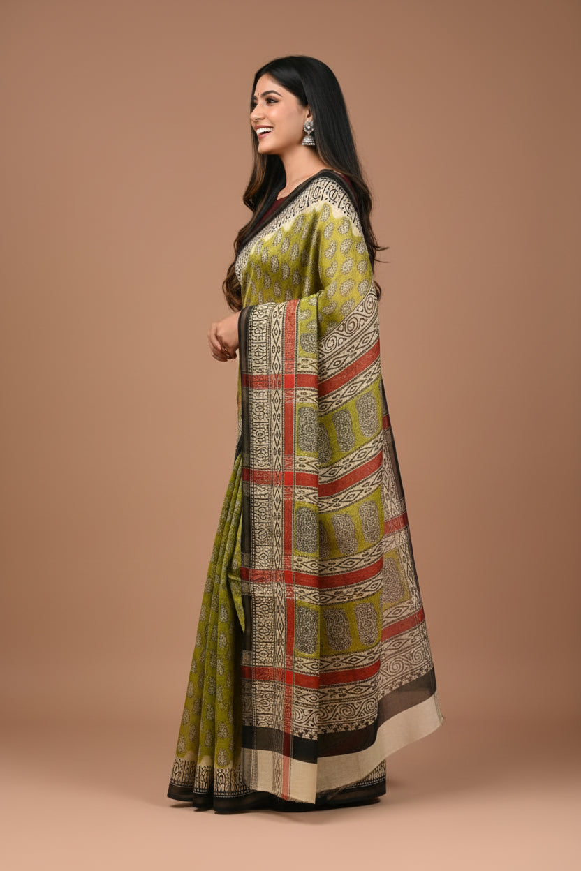 Pure Chanderi Silk Saree with Elegant blue &nbsp;Prints and Zari Border – 100% Handloom