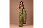 Pure Chanderi Silk Saree with Elegant blue &nbsp;Prints and Zari Border – 100% Handloom
