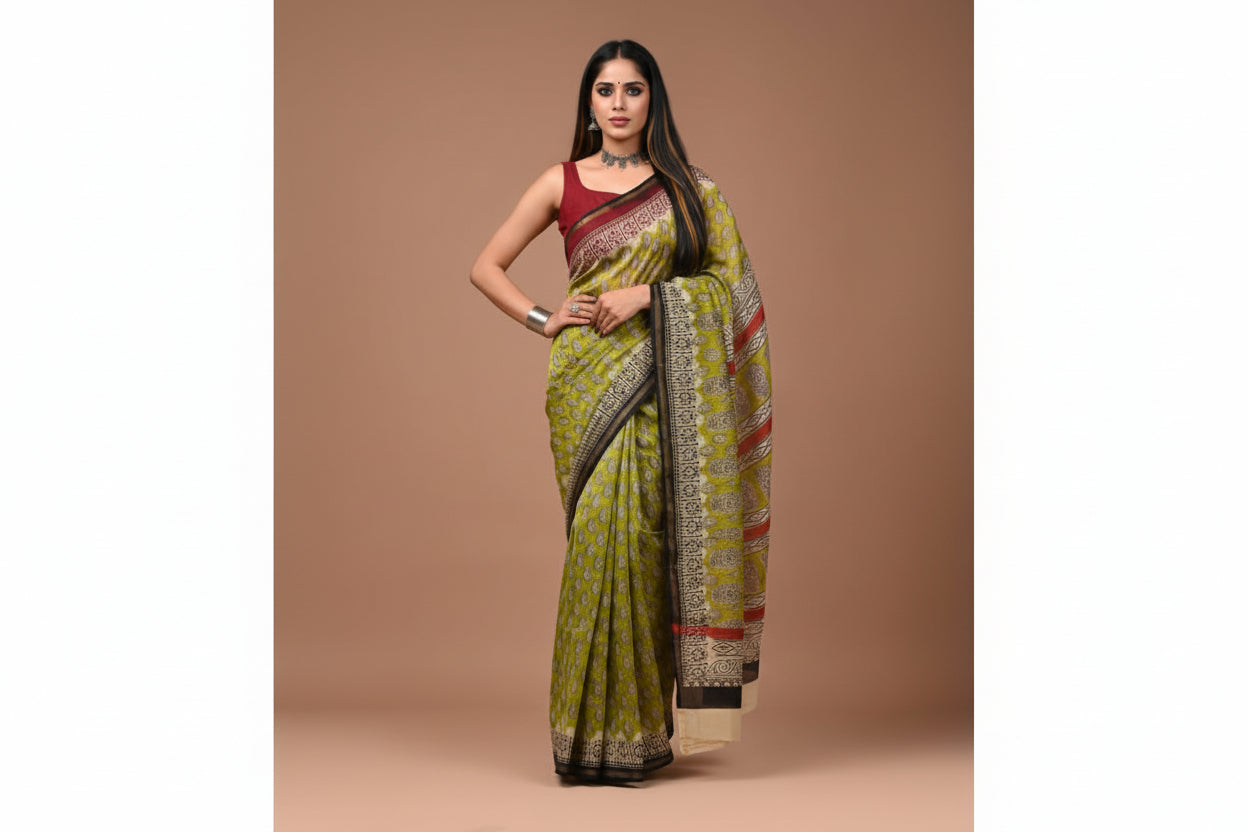 Pure Chanderi Silk Saree with Elegant blue &nbsp;Prints and Zari Border – 100% Handloom