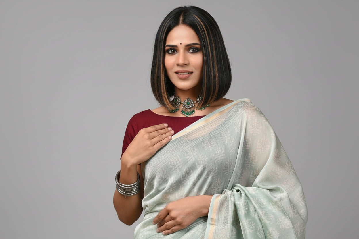 Pure Chanderi Silk Saree with Elegant blue &nbsp;Prints and Zari Border – 100% Handloom.