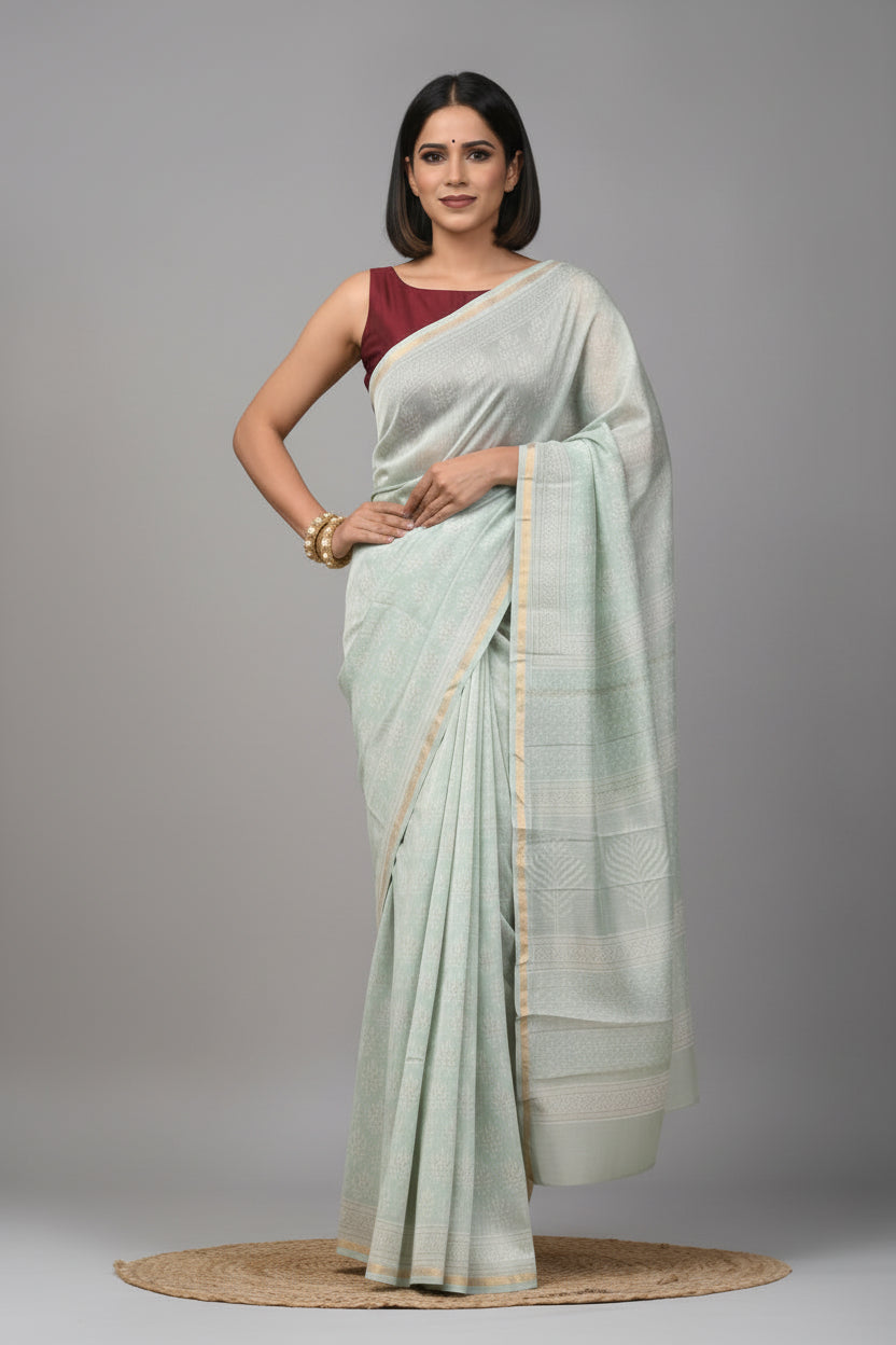Pure Chanderi Silk Saree with Elegant blue &nbsp;Prints and Zari Border – 100% Handloom.