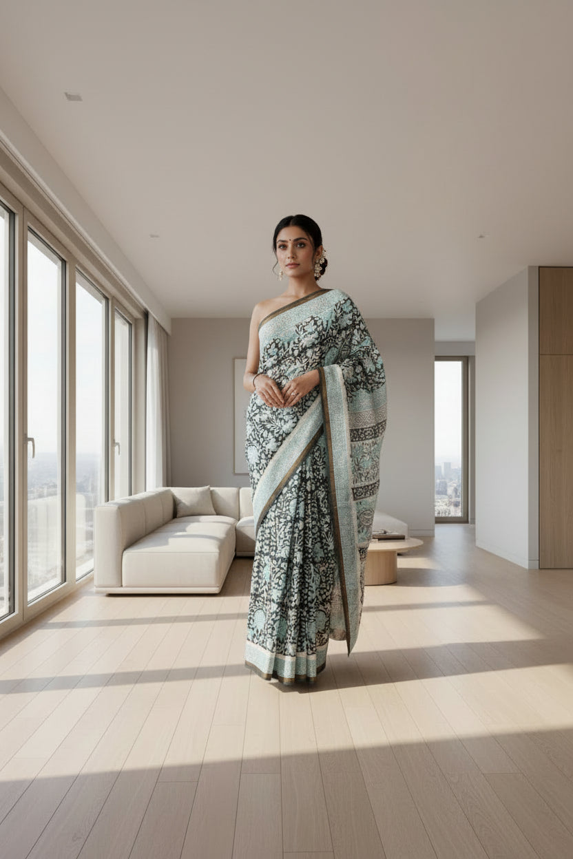 Pure Chanderi Silk Saree with Elegant blue  Prints and Zari Border – 100% Handloom .
