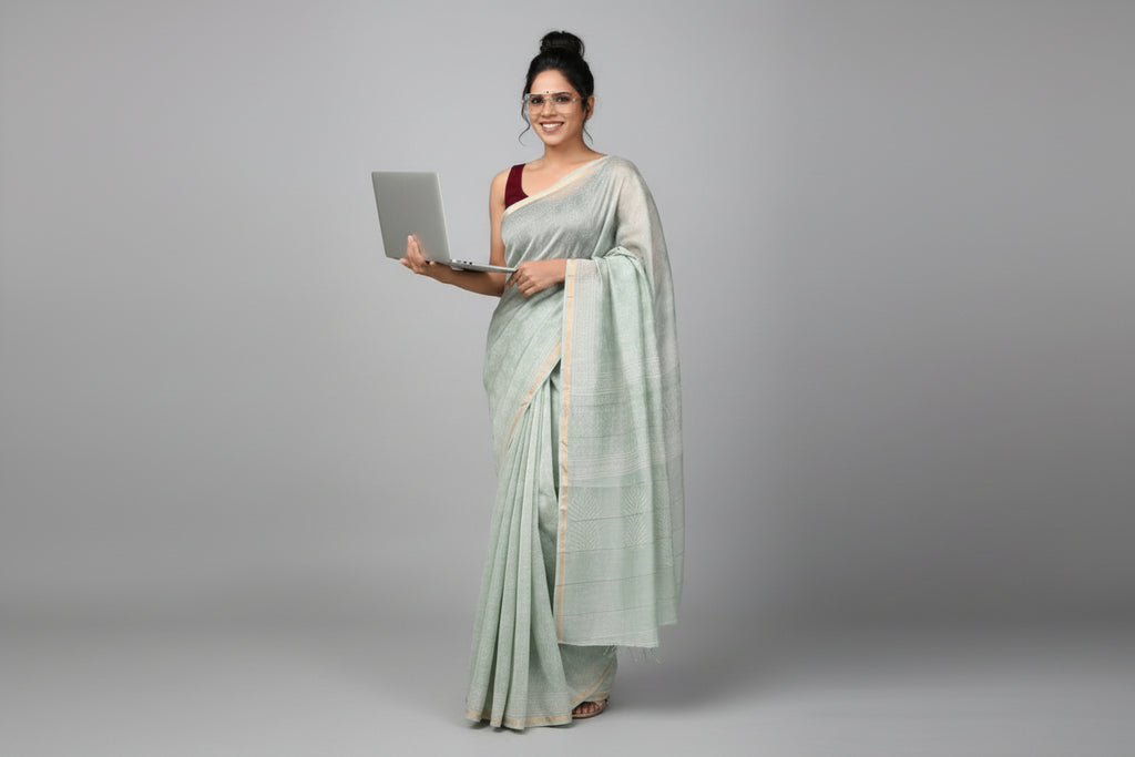 Pure Chanderi Silk Saree with Elegant blue &nbsp;Prints and Zari Border – 100% Handloom.