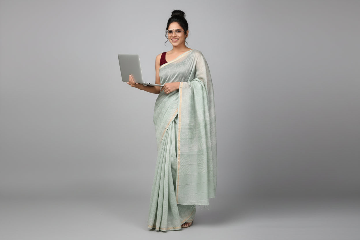Pure Chanderi Silk Saree with Elegant blue &nbsp;Prints and Zari Border – 100% Handloom.