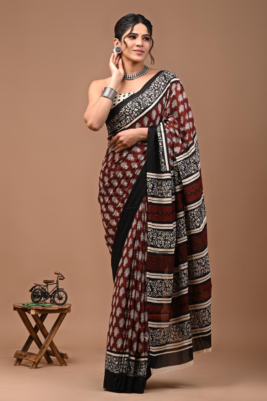 Pure Mulmul Cotton Sarees with blouse. Lightweight, easy to drape . Comfortable all day .